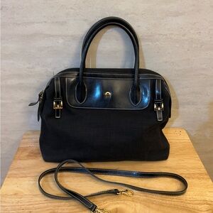 Vintage Etienne Aigner satchel bag with black canvas and faux leather trim.